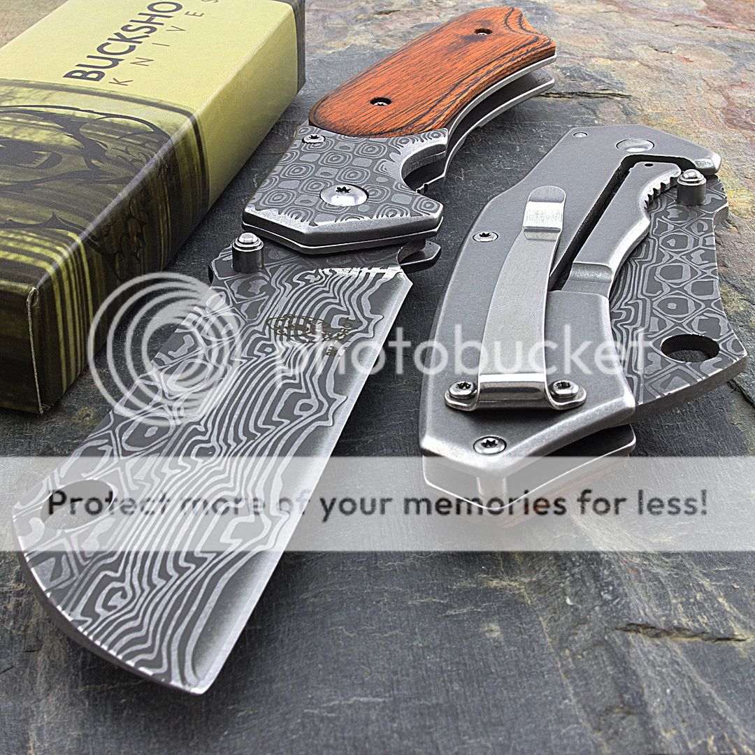 8" DAMASCUS STYLE CLEAVER BLADE ASSISTED OPEN FOLDING WOOD SPRING